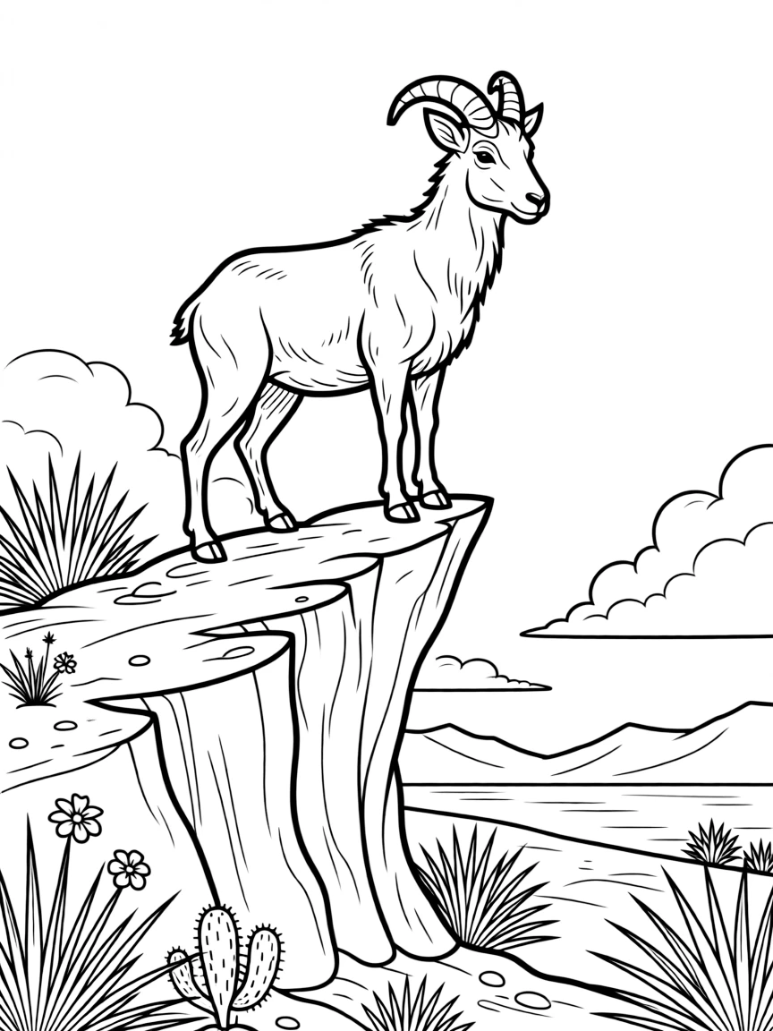 A coloring page of a Barbary sheep balancing on a rocky desert cliff in Algeria, set against a scenic backdrop with soft clouds and a distant mountain or shoreline.