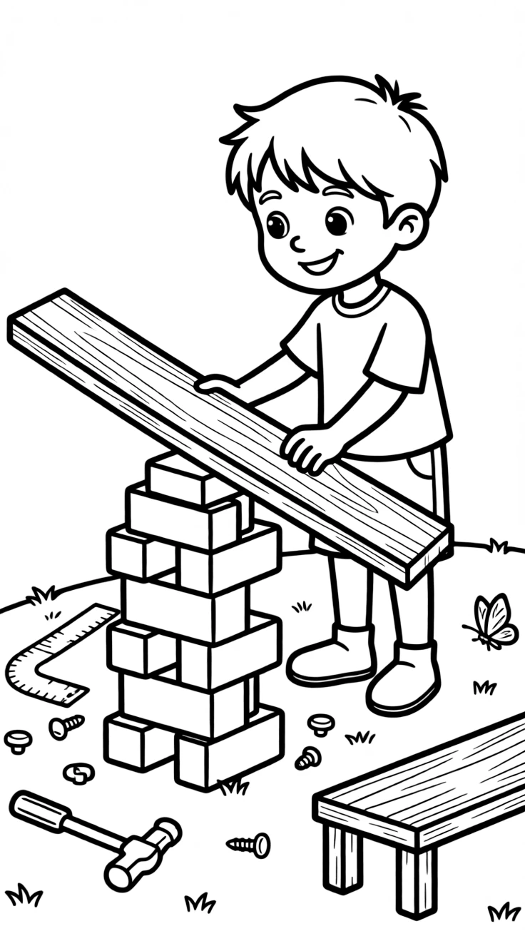 a bright-eyed young boy builds a see-saw out of a wooden plank and a stack of blocks to test balance.