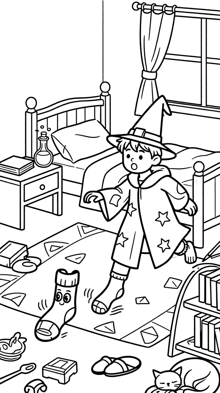 A young wizard accidentally enchants his socks to walk on their own, chasing them frantically around his bedroom.