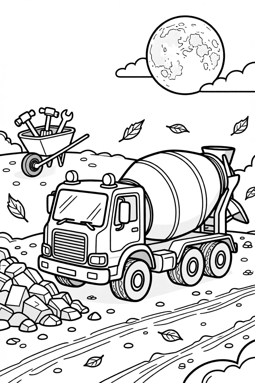 [Construction Vehicles] a cement mixer truck clearing a pile of rubble on a dusty dirt lot. In the background, a wheelbarrow full of tools sits close by, adding extra fun to explore. Warning lights blink atop the cab. It all happens under a full moon, with autumn leaves swirling in the wind.