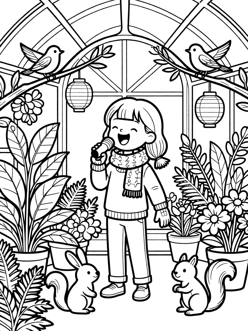A girl bundled in a cozy scarf and mittens is singing a cheerful tune with woodland animal friends inside a greenhouse overflowing with blooming plants. All around, friendly songbirds perched close by and paper lanterns hanging from low branches add a sprinkle of wonder to the moment.