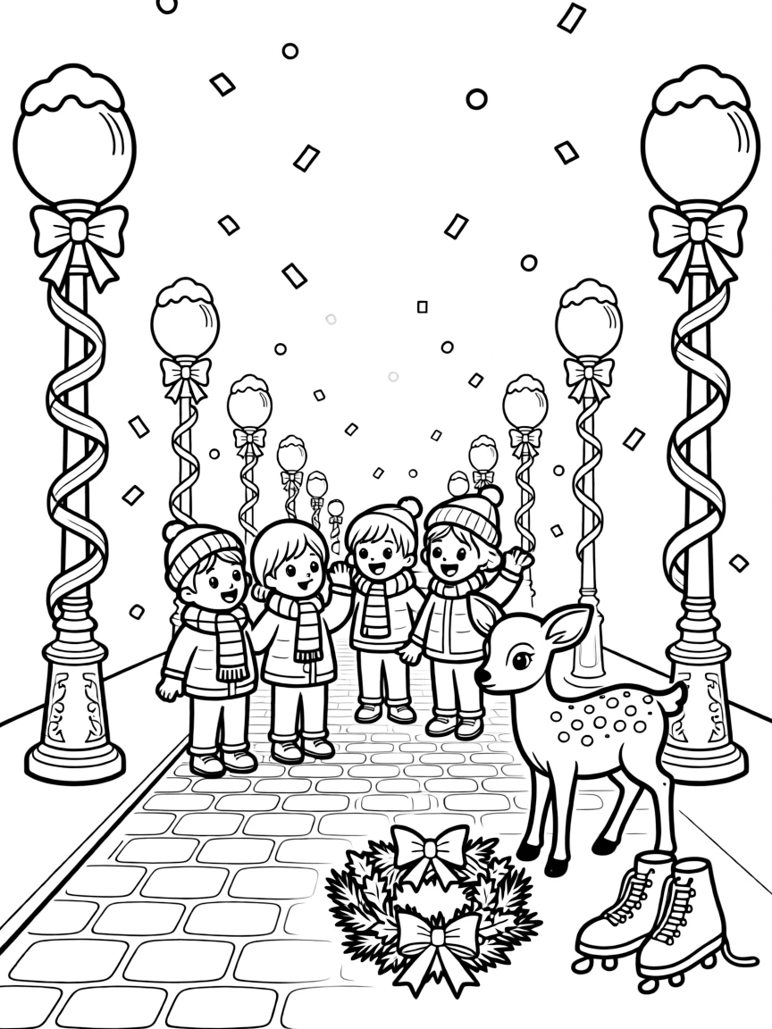 A wide view on a quiet street lined with snow-capped lampposts, featuring confetti falling over a cheering crowd, a spotted fawn, and a wreath tied with a red ribbon, with a pair of ice skates nearby.