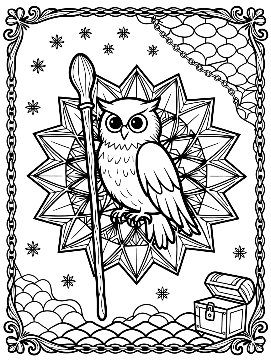 Mythical & Fantasy Creatures: The page presents a small themed scene built around a wise old wizard's owl companion perched on a staff, tied together by a crystal-facet mandala built from angular repeating shapes. The scene is set within a framed scene where every element on one side is echoed by a twin on the opposite side. Decorative details fill the surrounding space, including tiny pinwheel stars, a chain of linked heart shapes, and overlapping fish-scale textures woven throughout the background. A playful extra touch completes the page: a small treasure chest half-hidden along one edge of the design.