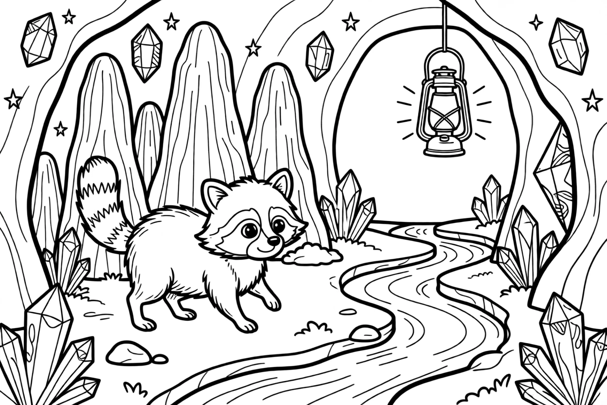 [Mystical Caves] A curious raccoon wanders past towering stalagmites deep inside a hidden cave. A small underground stream trickles past clusters of glittering mineral formations. Glowing crystals embedded in the cave walls light the path like tiny stars. Cool, still air fills the cave as lantern light flickers across the crystal walls.
