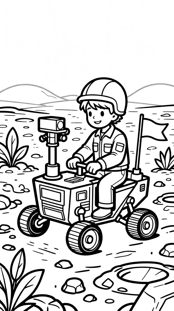 A rover engineer drives a small robotic explorer across a rocky Mars-like landscape model.