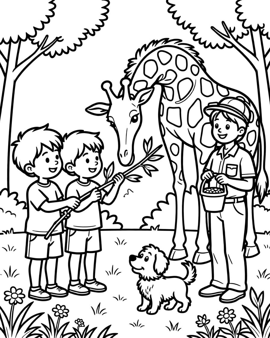 Twin brothers helping feed a giraffe with a zookeeper as a curious puppy watches.