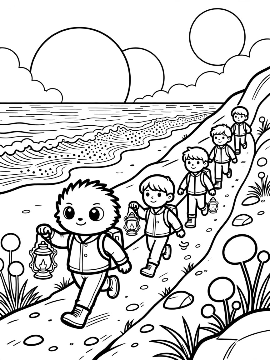 In a beach on a red planet with waves of shimmering dust, Nibbles, a fluffy alien creature with big round eyes leading a nighttime lantern hike up a glowing mountain trail, while a pair of moons rising over the horizon adds to the excitement.