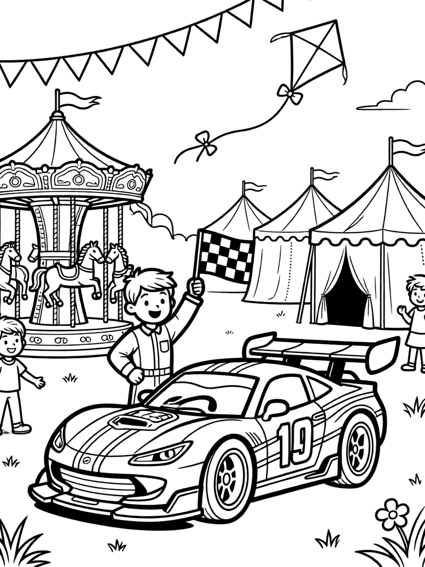 In this scene, a sleek race car with a giant spoiler and racing number is the star of a lively county fair with a carousel and ribbon-topped tents, joined by a race car driver holding up a checkered flag, with a string of triangle pennant flags overhead and a kite dancing in the breeze above scattered throughout for kids to color.
