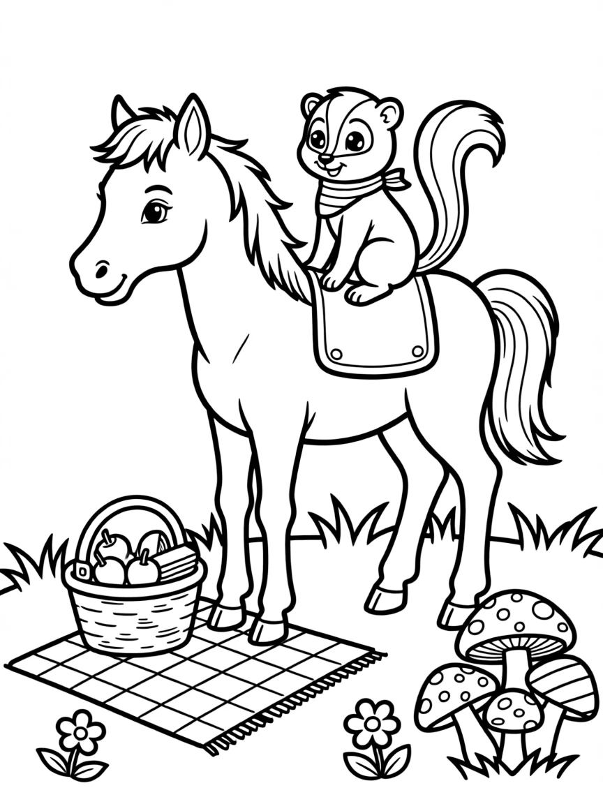 A skunk kit riding on the back of a foal at a picnic in the park, near a cluster of colorful mushrooms.