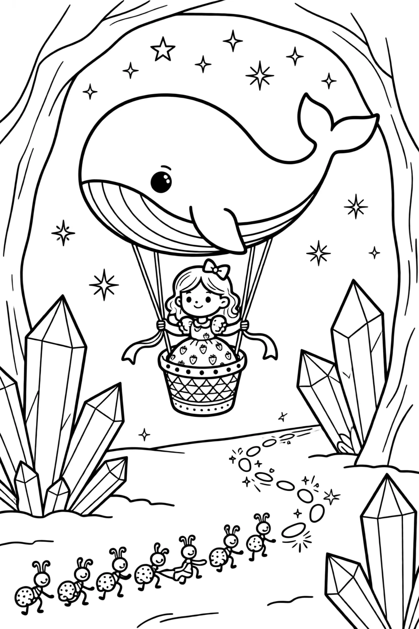 A huggable strawberry princess is steering a hot air balloon shaped like a whale in a cavern glittering with crystal formations, joined by a line of ants carrying a picnic crumb and a trail of glowing footprints. Sparkles and stars fill the air with magic.