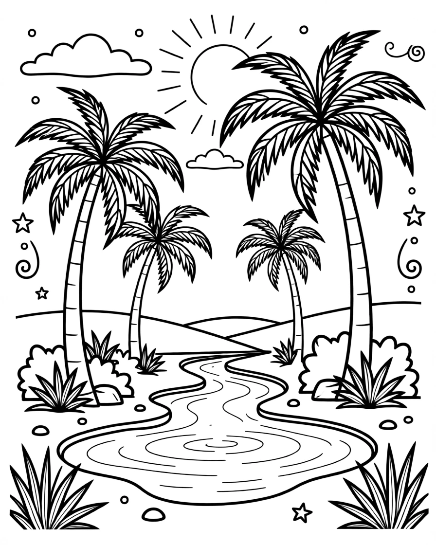 A coloring page highlighting a beloved cultural symbol from Algeria: an oasis of palm trees surrounding a desert spring, displayed proudly with small decorative flourishes around it.
