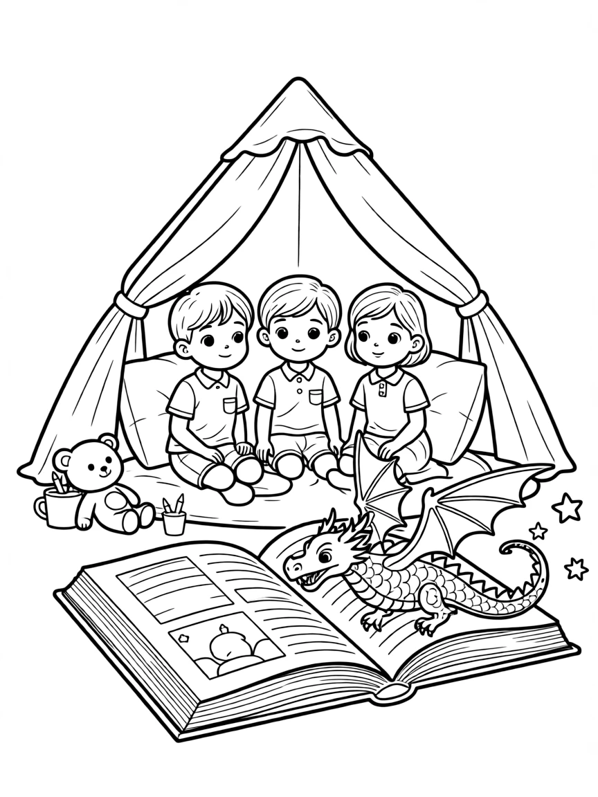 a curious group of three kids sits in a blanket fort and flips through a giant storybook where a paper dragon seems to fly right off the page.
