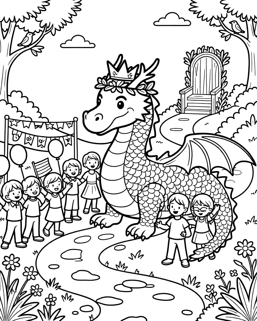 A grand parade celebrates the crowning of a new dragon king, colorful banners and cheering crowds lining the mountain path.