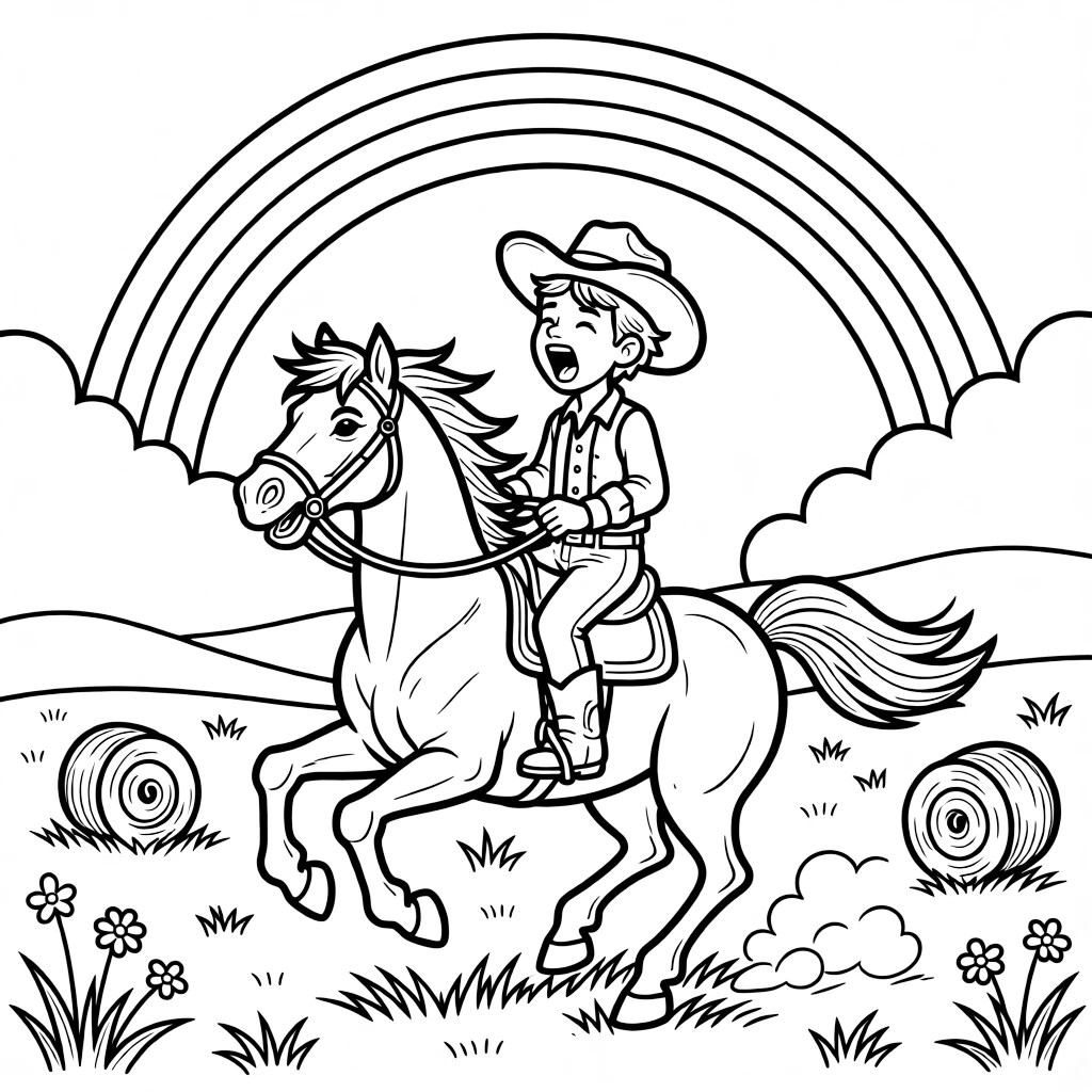 [Cowboys] a young cowboy riding a horse galloping across an open prairie on a wide-open prairie, letting out a triumphant roar. Nearby, tumbleweeds roll across the ground. A wide-brimmed hat shades the rider's face. The scene is captured on a foggy morning, with a rainbow arching overhead, giving the page a lively and adventurous feel that invites plenty of colorful detail.