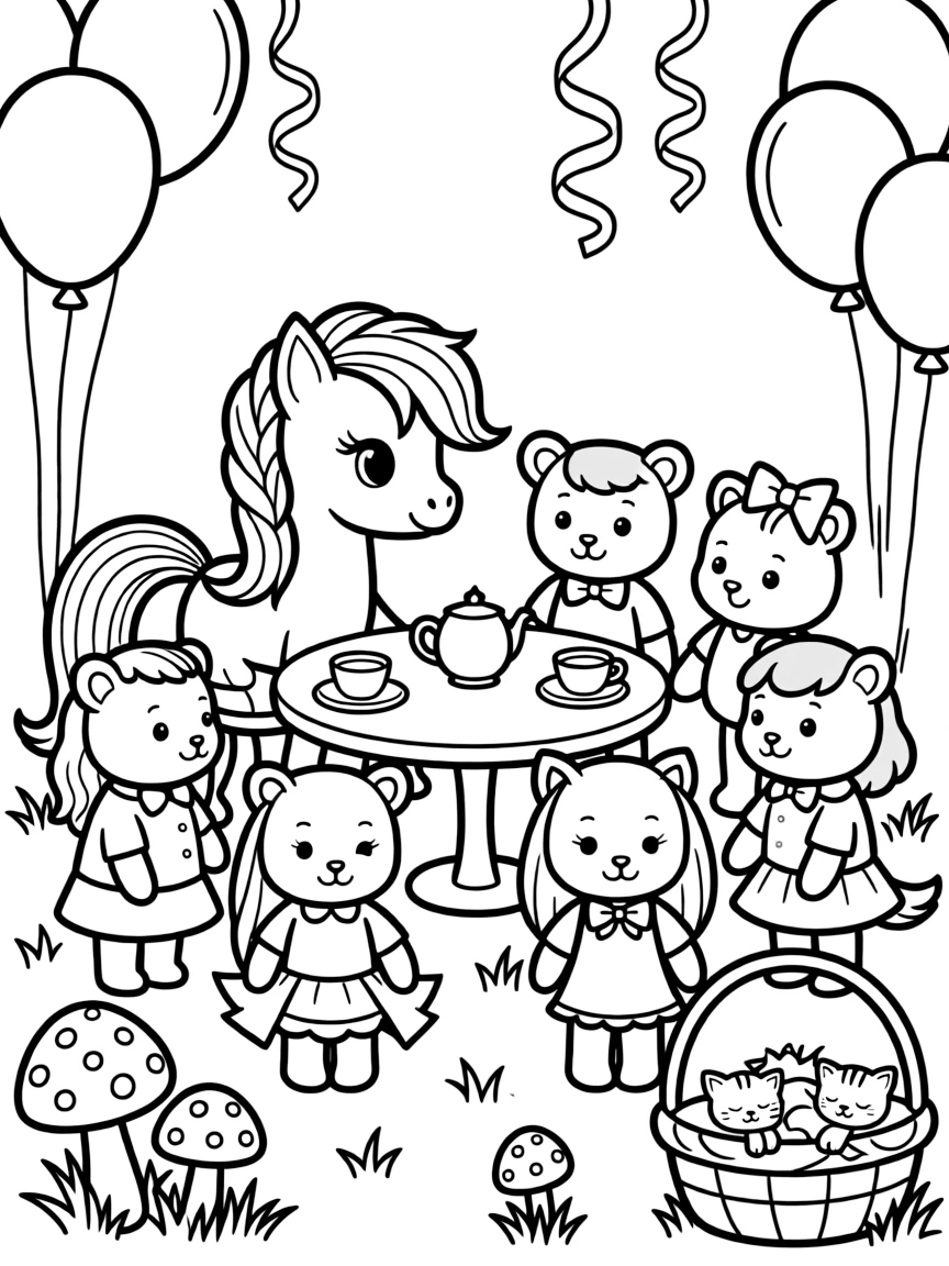 A pony with a flowing braided mane is having a tea party with a circle of stuffed animal friends at a birthday party decorated with balloons and streamers. Close by, tiny mushrooms with spotted caps peeking through the grass and a basket of sleepy kittens curled together make the scene feel magical.