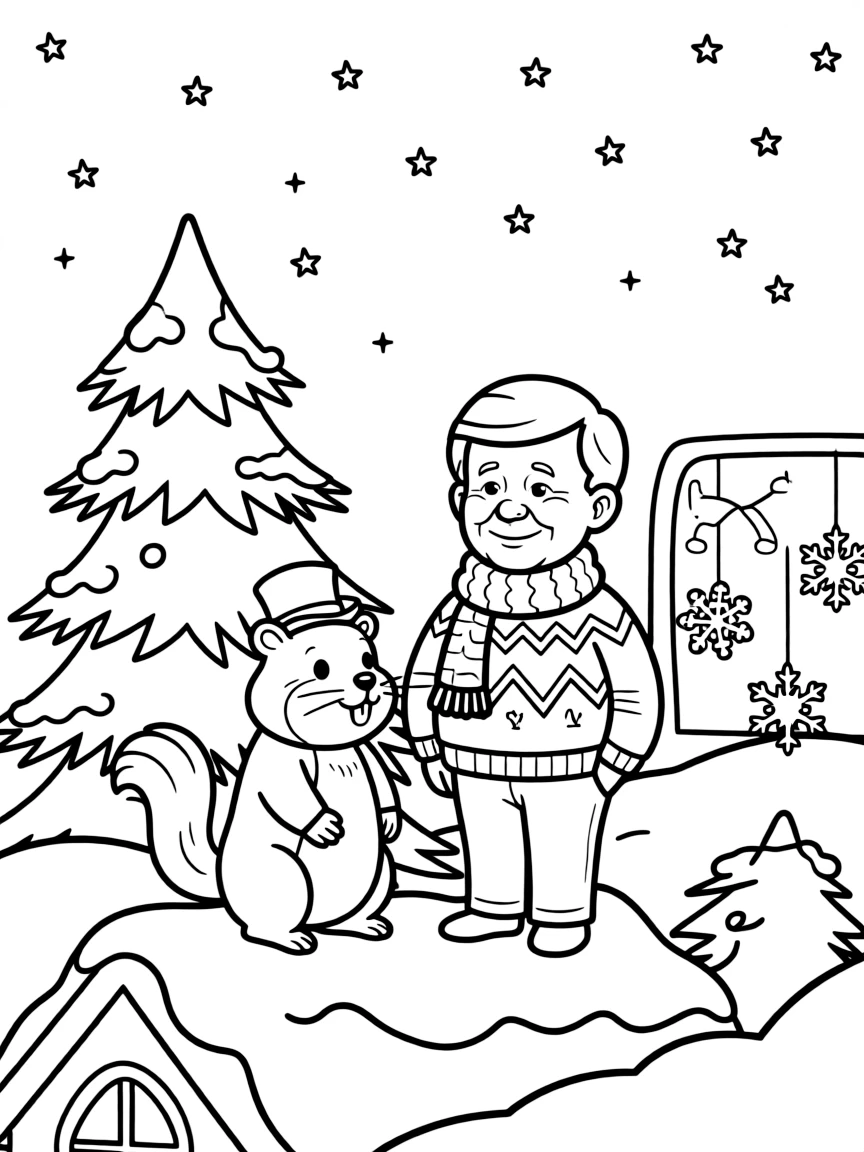 A groundhog wearing a tiny top hat on a snowy rooftop under a starry night sky, alongside a proud grandfather and a snow-covered pine tree, with paper snowflakes hanging in a window close by.