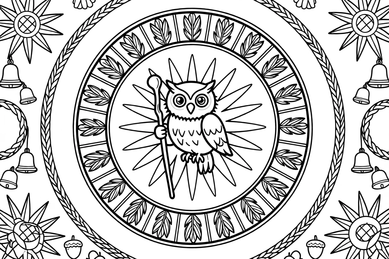 Mythical & Fantasy Creatures: The design turns a wise old wizard's owl companion perched on a staff into a kaleidoscope-style composition anchored by a sunburst mandala with rays spreading evenly outward. The imagery is arranged in a spinning ring of repeated segments, each one a slightly rotated twin of its neighbor. Decorative details fill the surrounding space, including bands of braided rope shapes, rays fanning out like a small sunburst, and clusters of tiny bells woven throughout the background. A playful extra touch completes the page: a handful of tiny acorns scattered near the bottom edge.