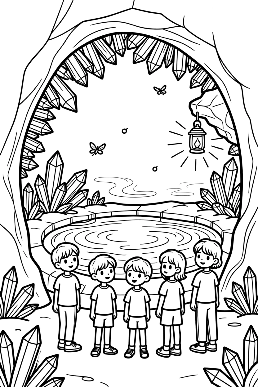 [Mystical Caves] A group of children discover a hidden cave filled with sparkling geode formations. Fireflies drift near the cave entrance, their light mixing with glowing crystals inside. A hidden underground pool reflects the sparkle of crystal formations lining the walls. Cool, still air fills the cave as lantern light flickers across the crystal walls.