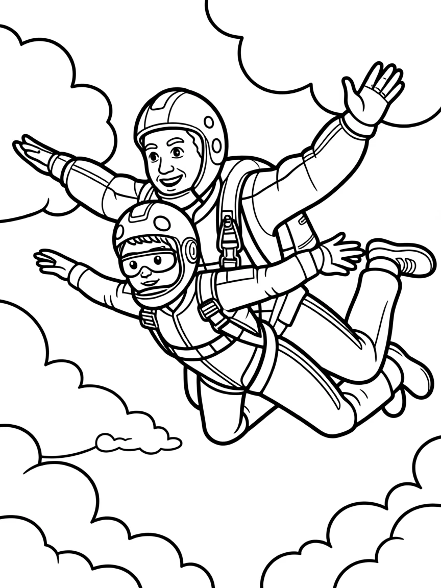 A skydiving instructor free-falls through the clouds with a student strapped in tandem.