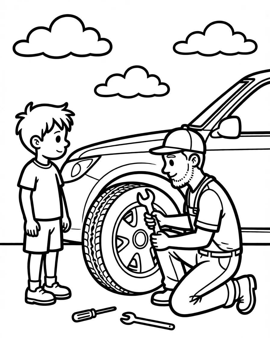 An energetic boy watching a tire get fixed by a mechanic while fluffy clouds drift by.