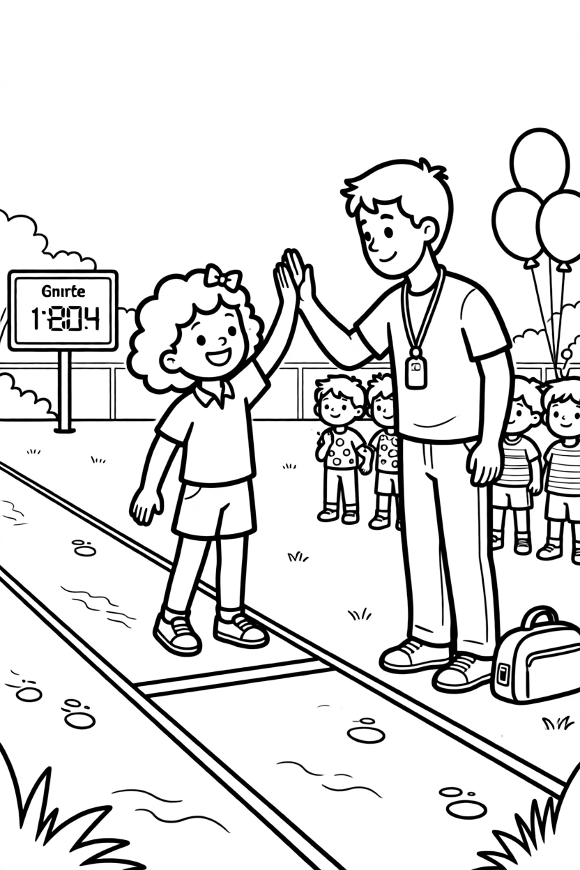 A little girl with curly hair, high-fiving a coach after setting a new school long jump record.