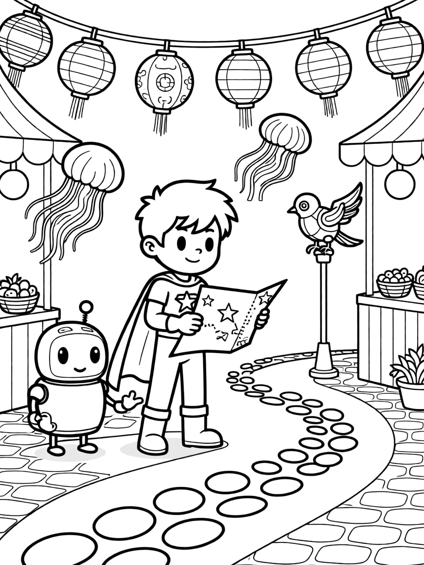 Ranger Volt, a small but mighty ice-blasting superhero kid helping a lost robot find its way home using a star map near a night market lit by paper lanterns and glowing jellyfish, surrounded by a trail of glowing footprints leading into the distance and a robotic bird perched on a lamp post.