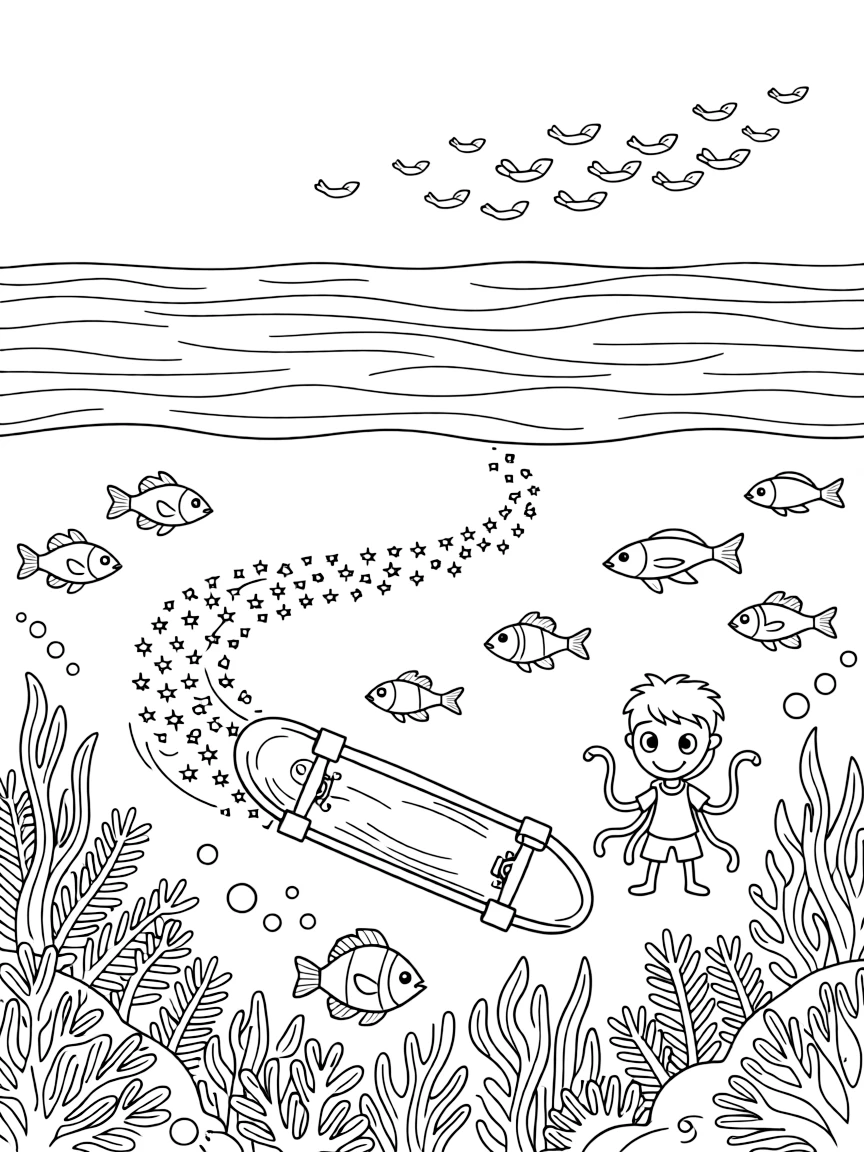 This coloring page shows a hovering skateboard leaving a sparkly trail making its way across a coral reef bursting with fish beneath clear blue water, accompanied by a friendly alien waving three tentacle-arms, while a flock of birds flying alongside in formation adds extra charm to the scene.