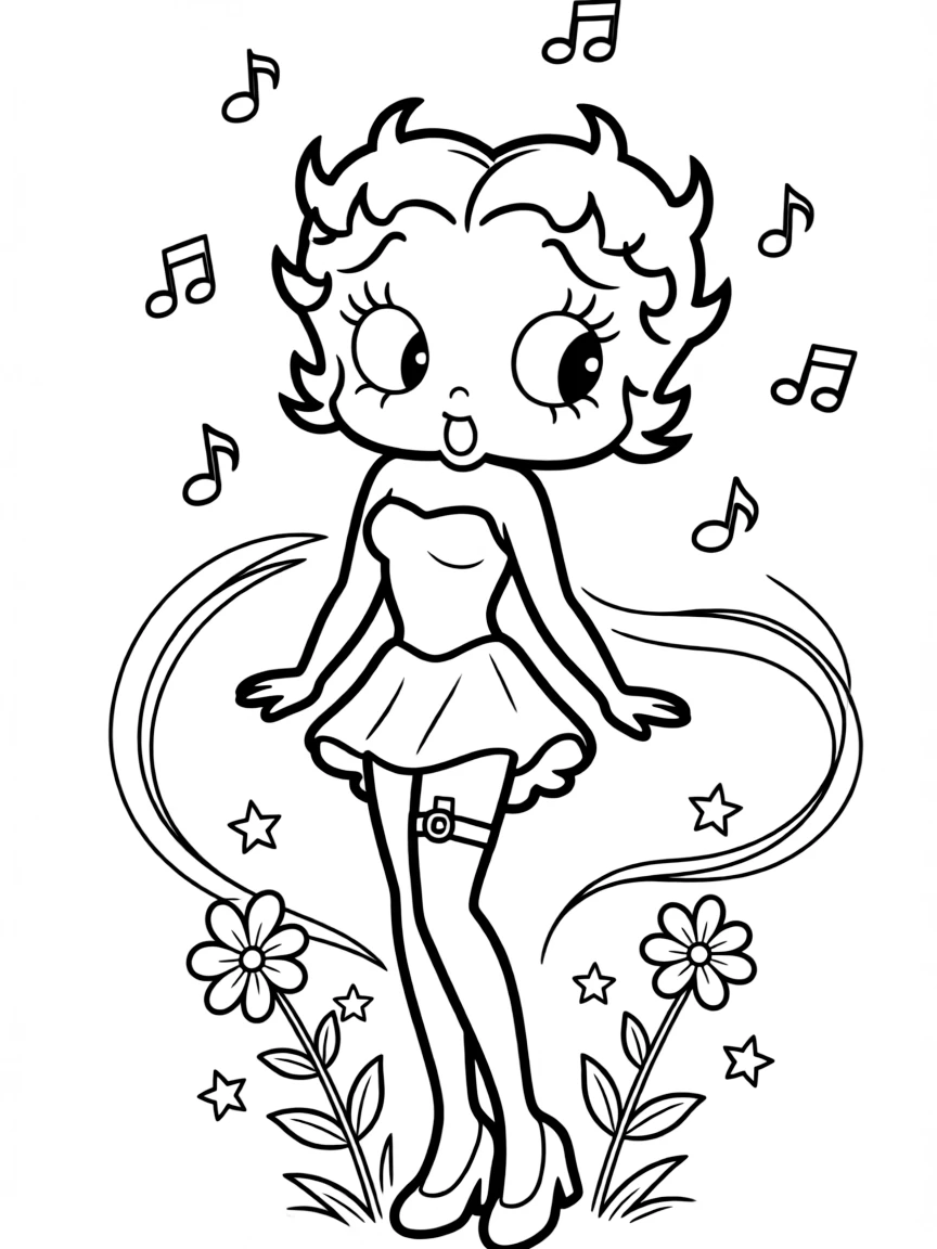 Betty Boop in her classic pose with her garter visible, curly hair, and signature dress
