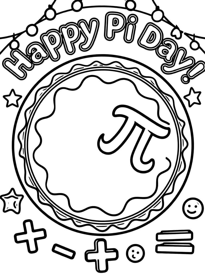 A pie with the mathematical symbol π prominently in the center.  and a festive banner with 'Happy Pi Day!' in bold, decorative lettering.