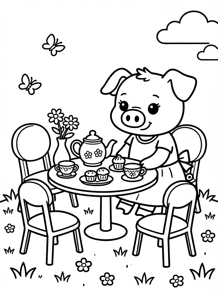 A cute pig is having a tea party.