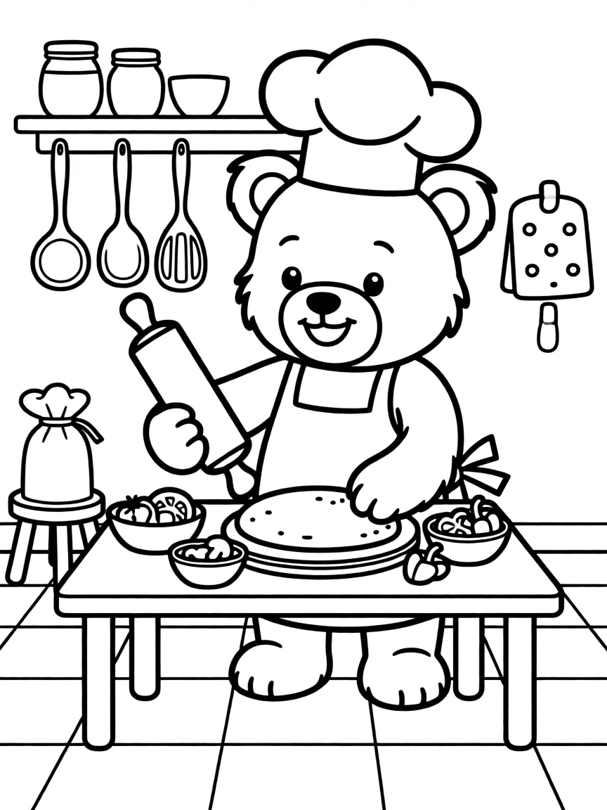 Teddy bear is cooking a pizza