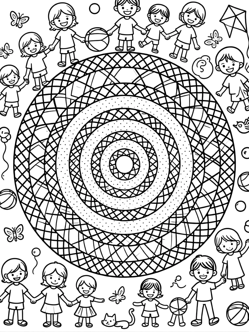 Concentric circles radiating outward with alternating fill patterns of crosshatching and stippling