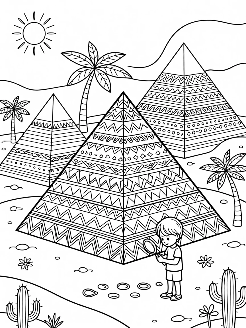 Pyramid structures with detailed base patterns that simplify toward the peaks