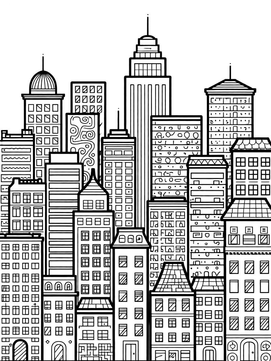 Layered rectangles with varying heights creating a cityscape silhouette filled with zentangle details