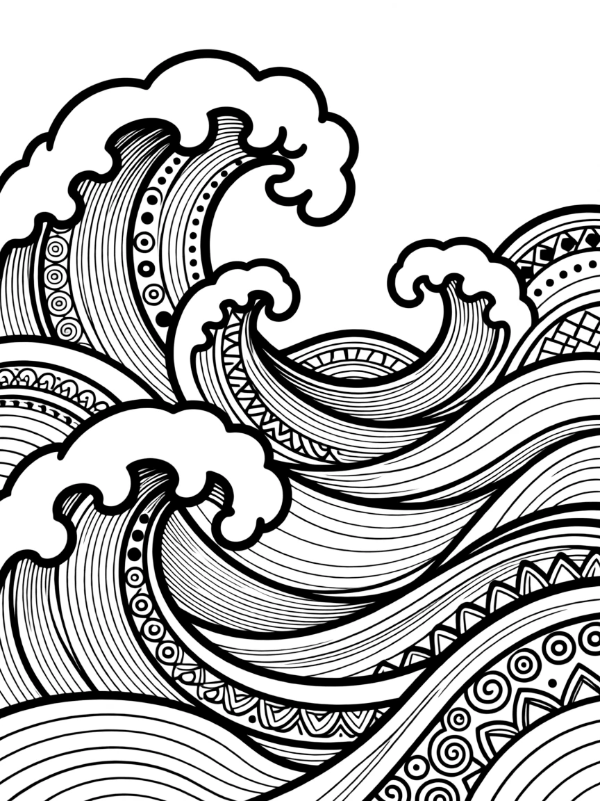 Flowing abstract waves with varying line weights and intricate repeating patterns