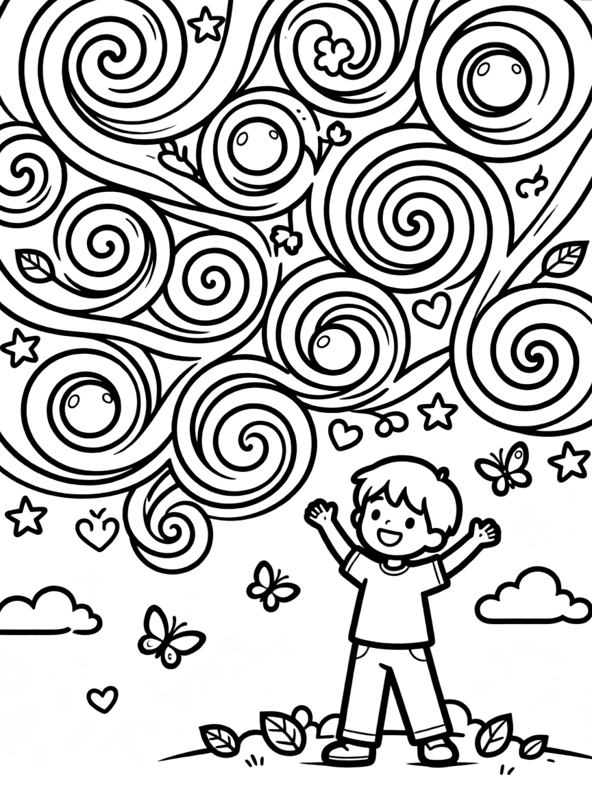 Whimsical swirls and curls intertwining across the page with spheres at intersection points