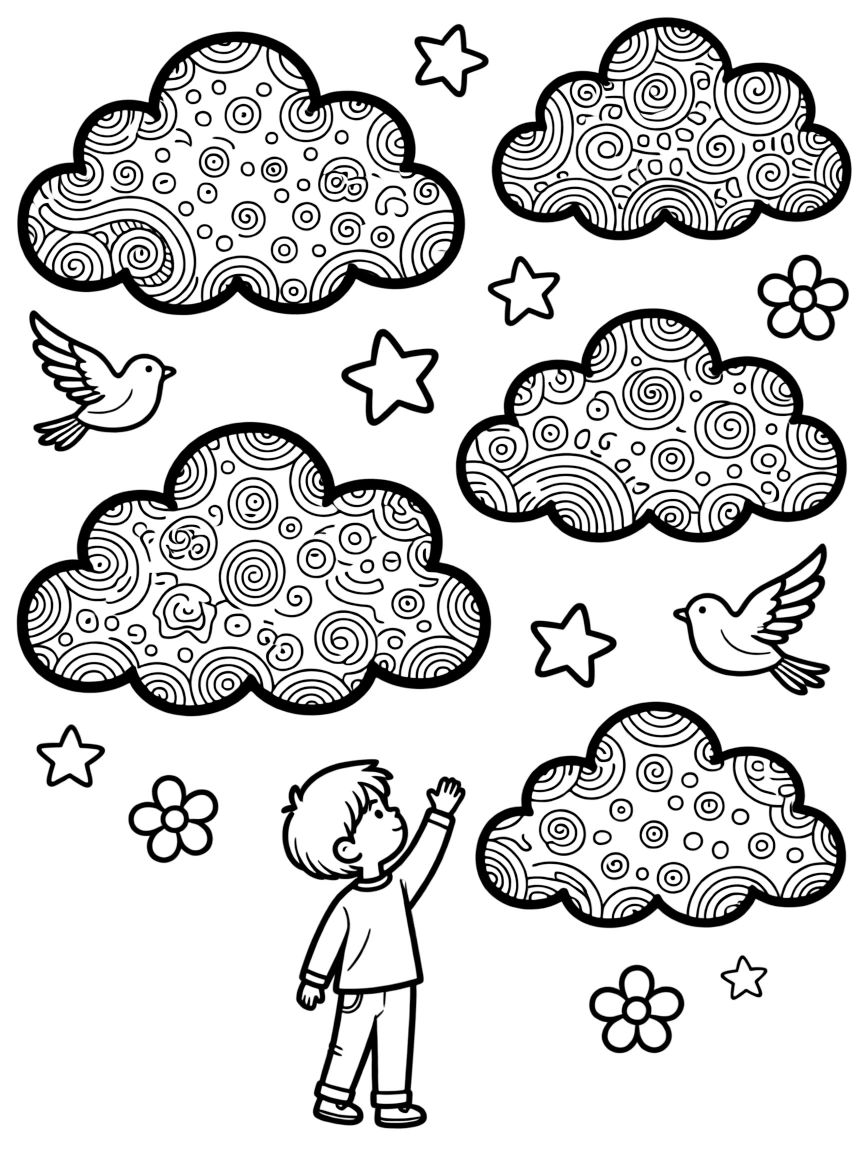 Cloud-like forms containing different density zentangle patterns to create visual depth
