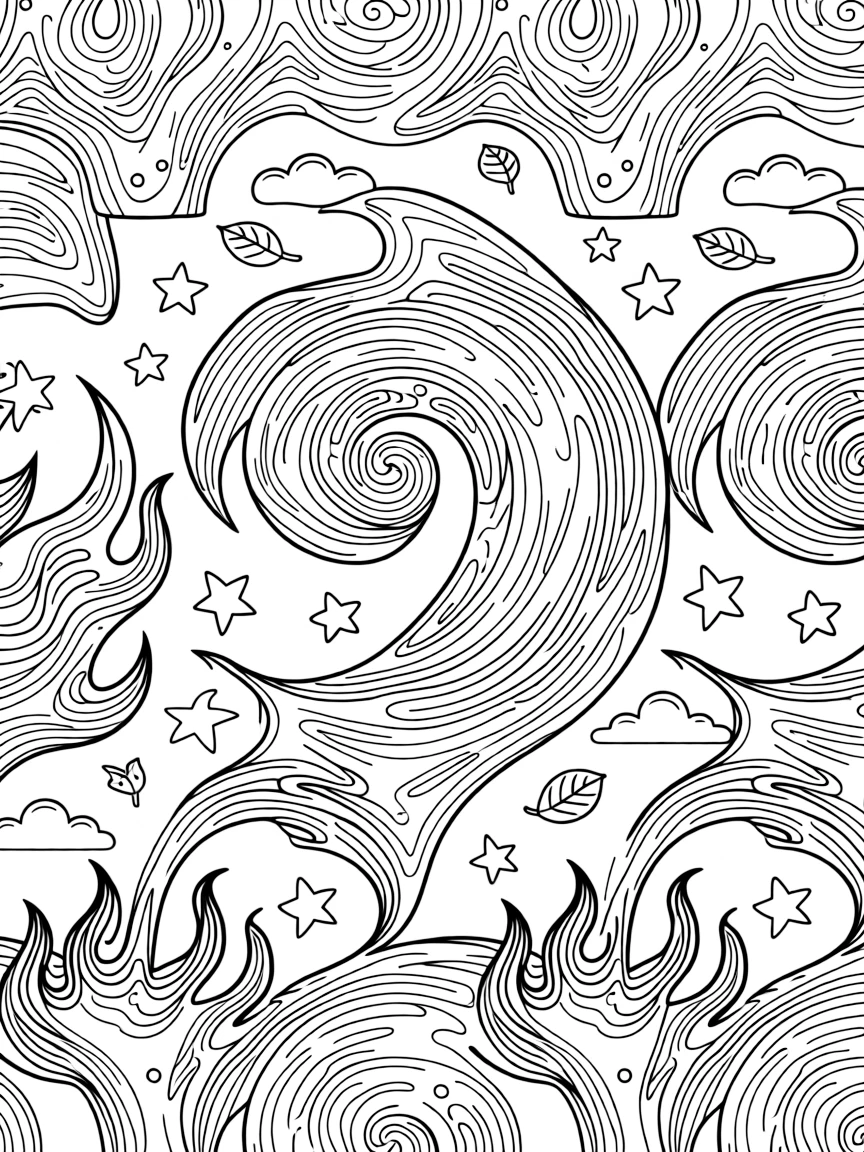 Flame-inspired flowing shapes with intricate line details creating movement