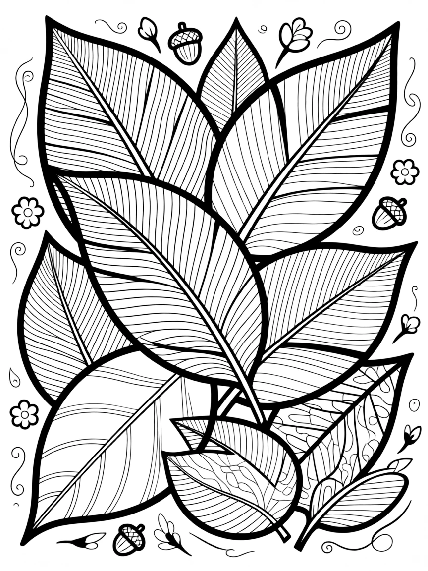 Abstracted leaf forms with detailed veining and textured fill patterns