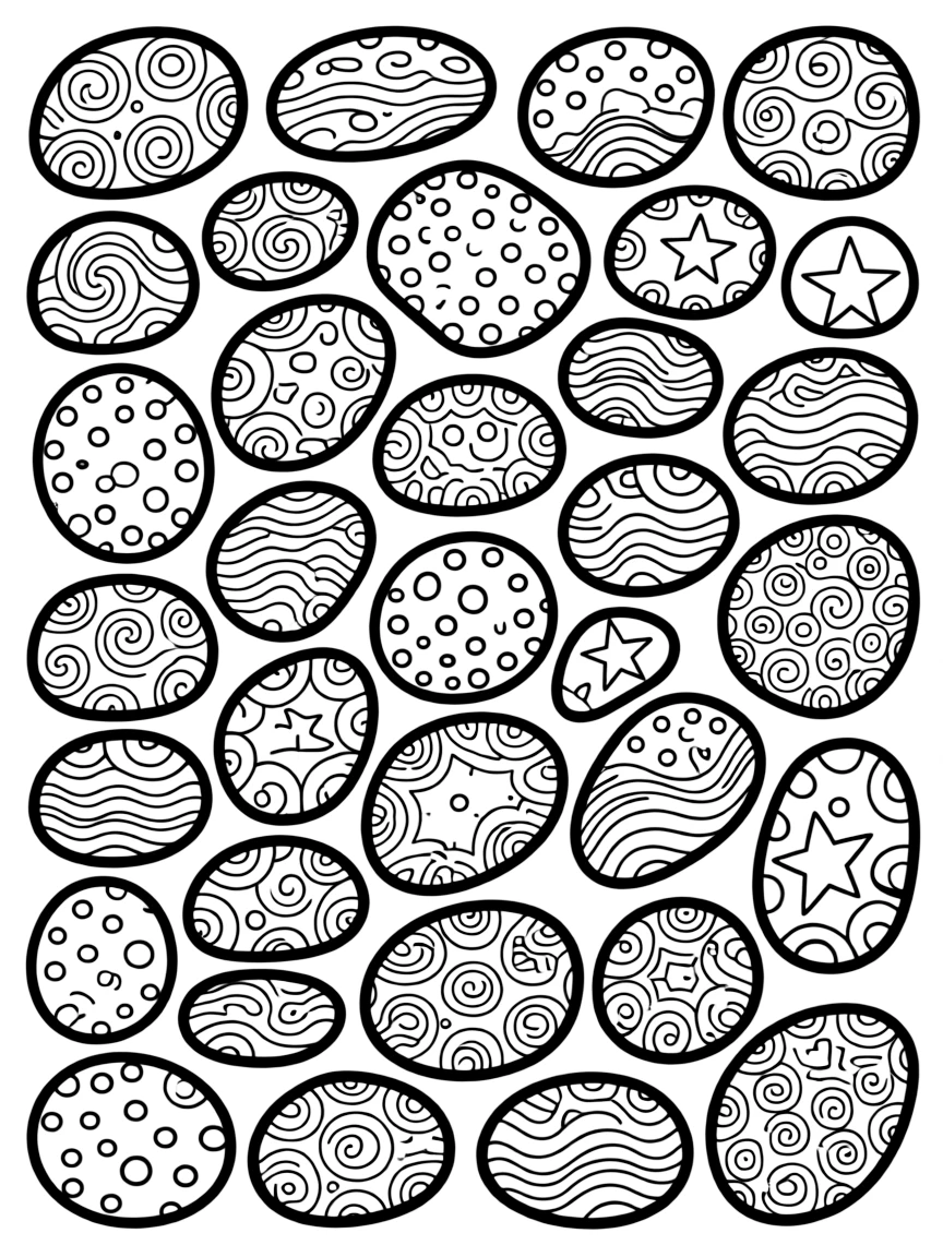 Pebble arrangement with each stone containing a unique zentangle pattern