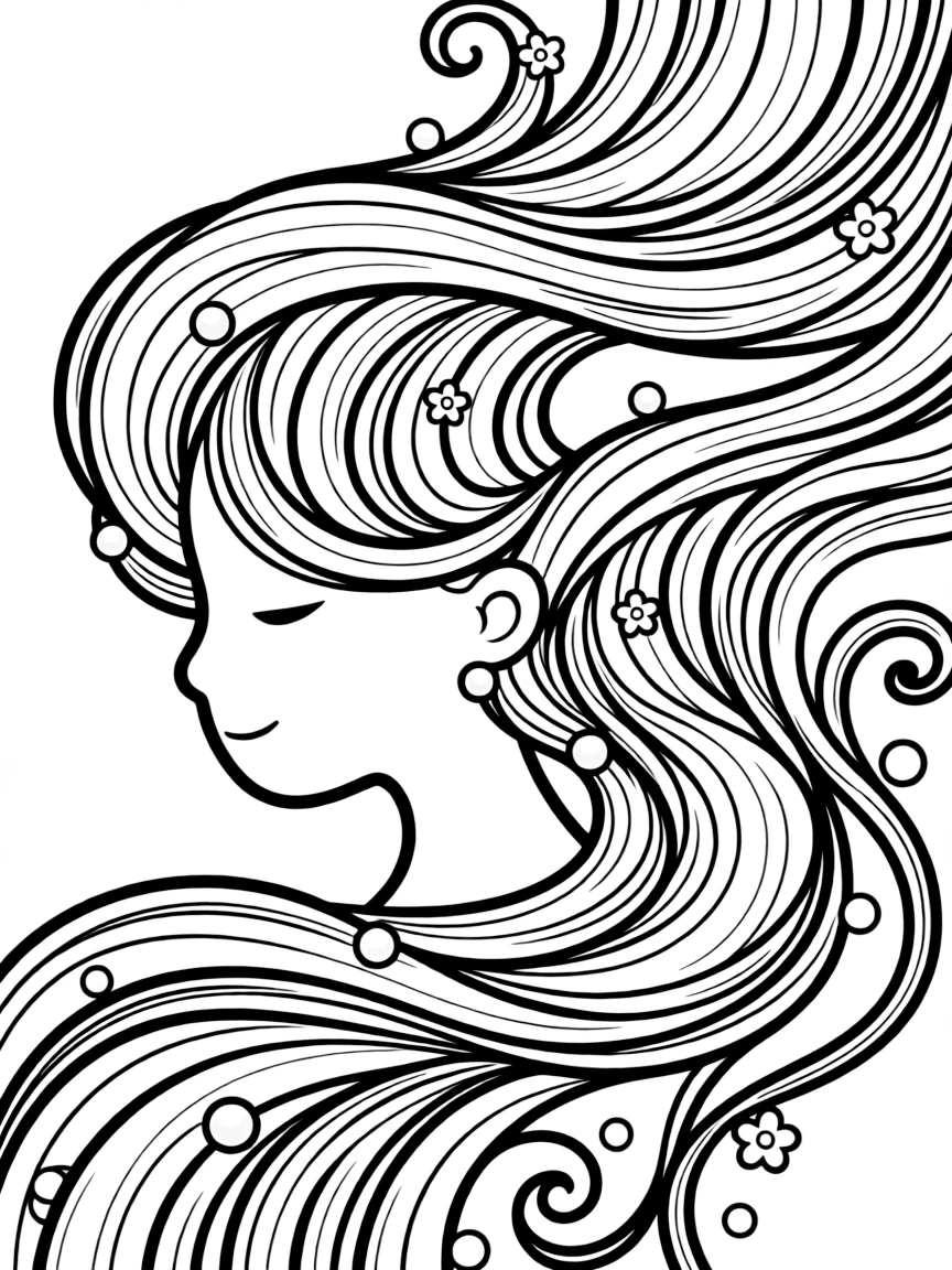Flowing hair-like strands interweaving across the page with bead-like accents
