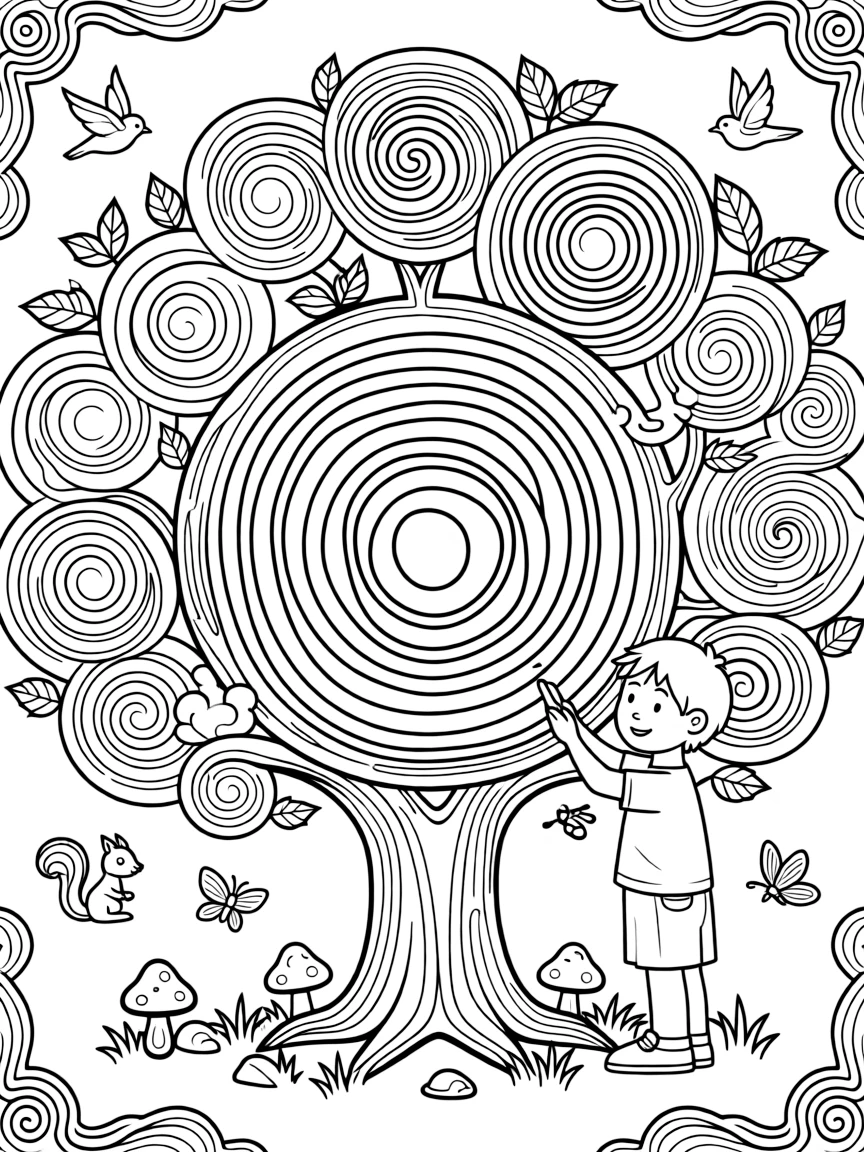 Tree ring patterns that transform into abstract swirls toward the edges