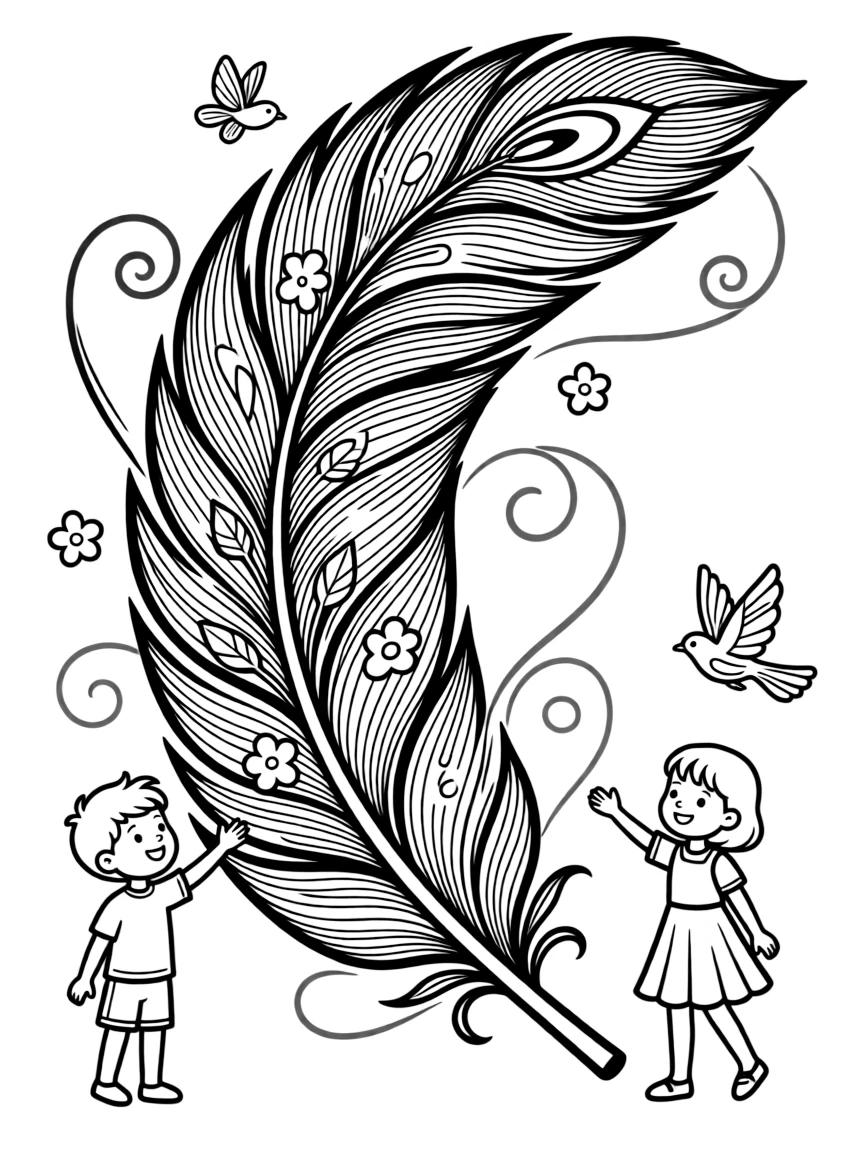 Feather-inspired flowing lines with detailed barb patterns
