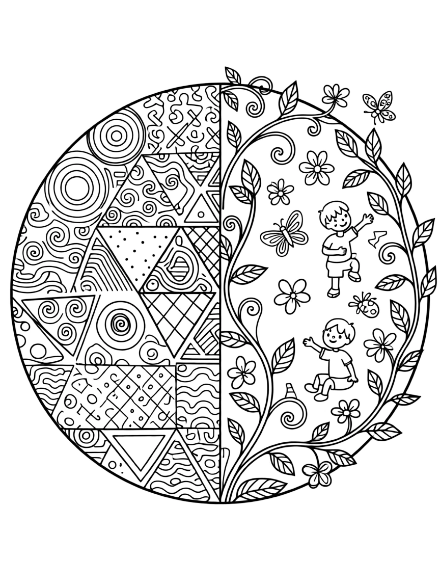 Half geometric, half organic design with intricate patterns creating harmony between the sides