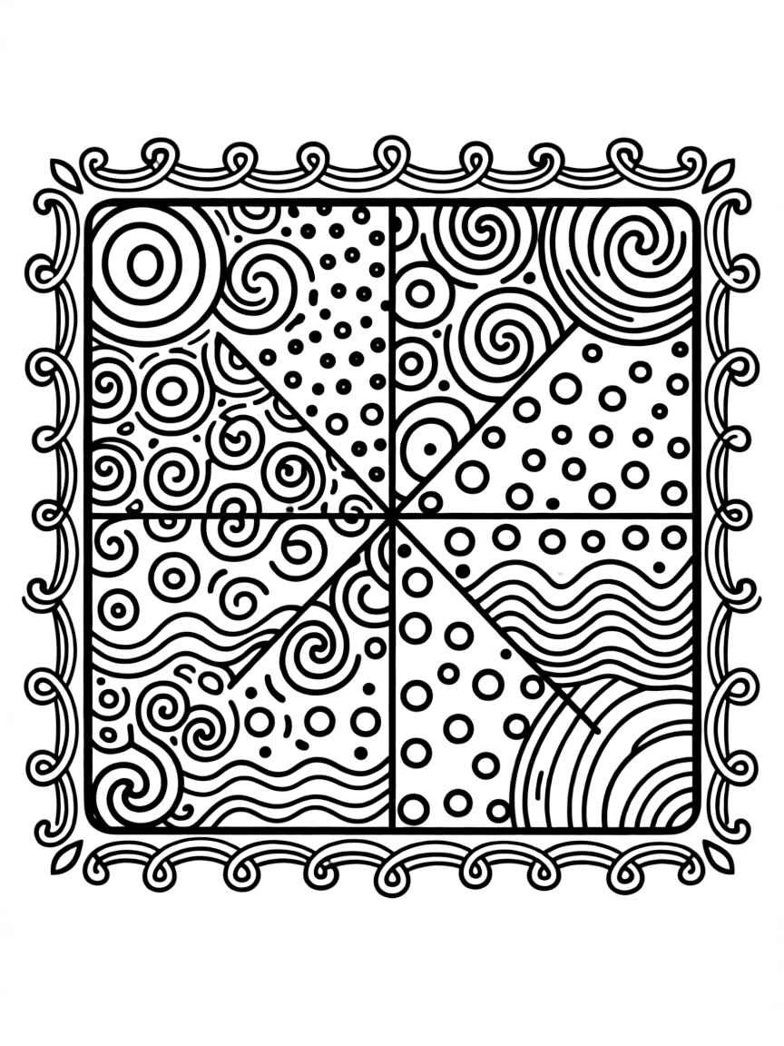 Classic Zentangle tile with border and string dividing the space for multiple patterns