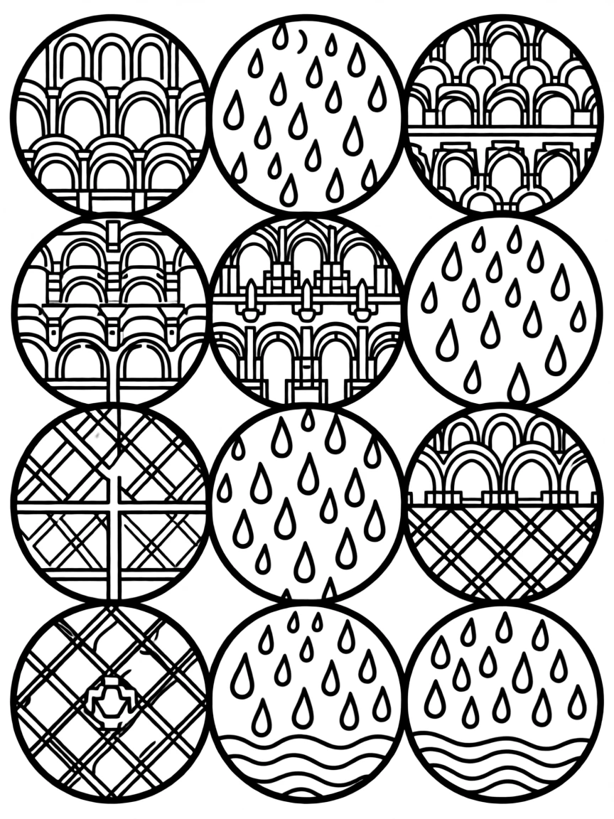 Overlapping circles divided with fragments featuring alternating Knightsbridge and Rain patterns