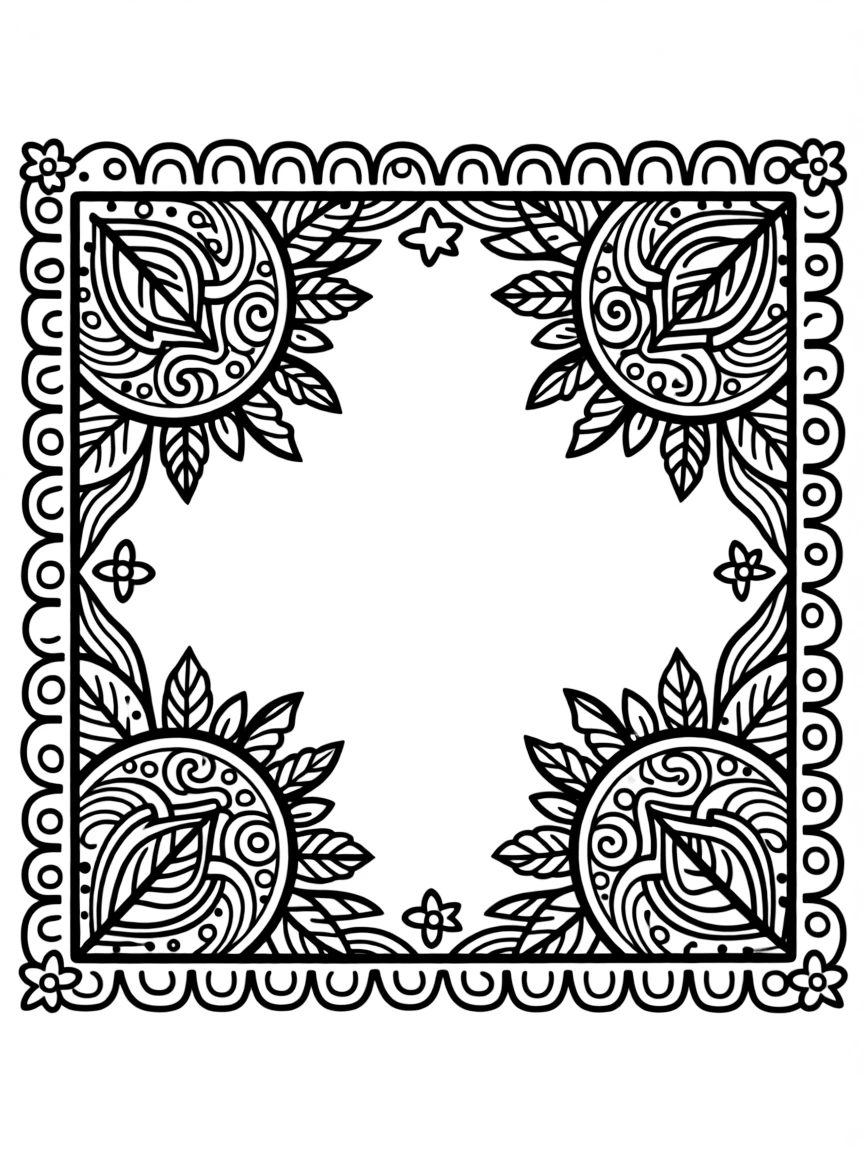 Square-based mandala with corner focal points containing detailed zentangle work