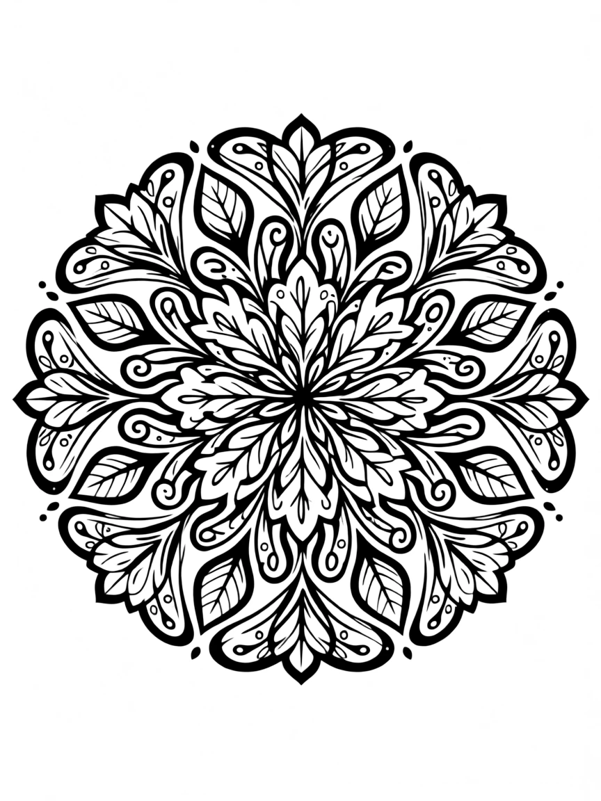 Nature-inspired mandala with leaf, petal, and vine motifs filled with zentangle details