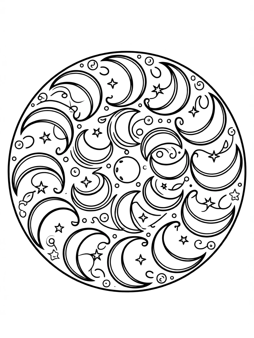 Moon phase mandala with crescent shapes arranged in circular formation