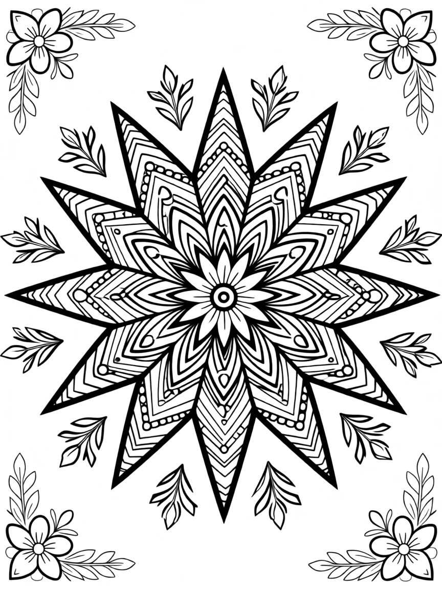 Star-burst mandala with pointed extensions containing detailed line work